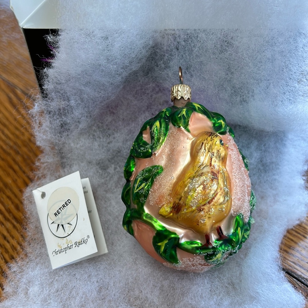 Christopher Radko “Retired” ornament. Egg, chick, floral. Poland 1996.